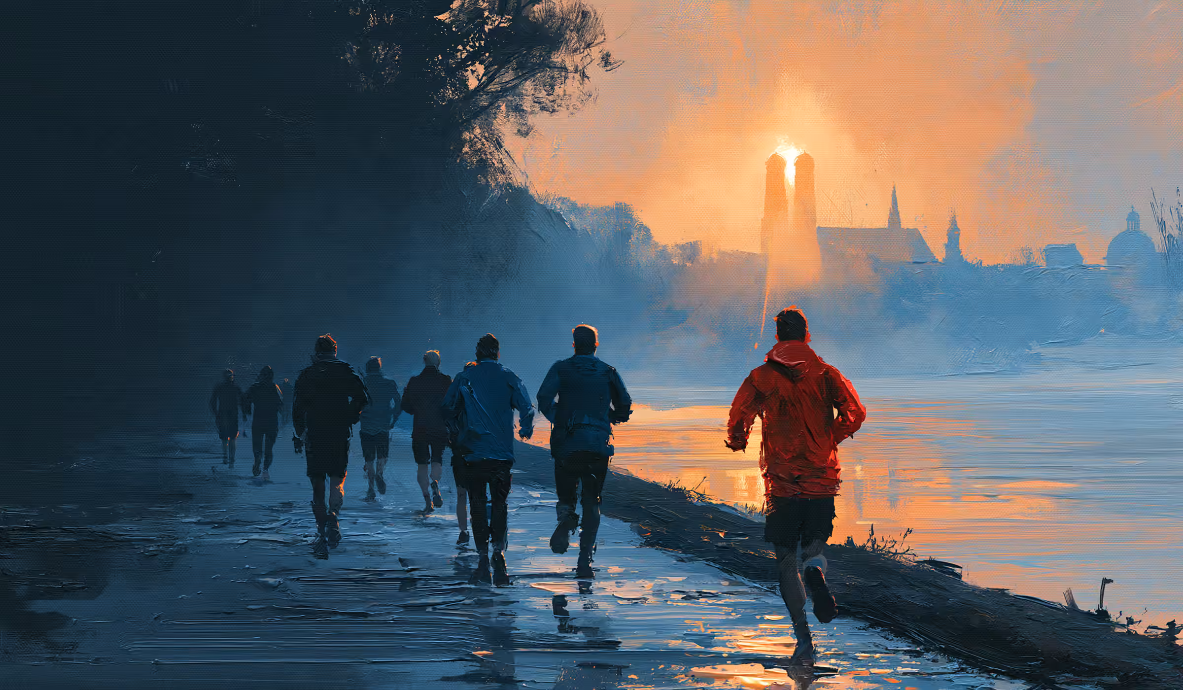Gemälde einer Laufgruppe am Fluss im Morgengrauen, ein Läufer in roter Jacke, Münchens Türme im Sonnenaufgang