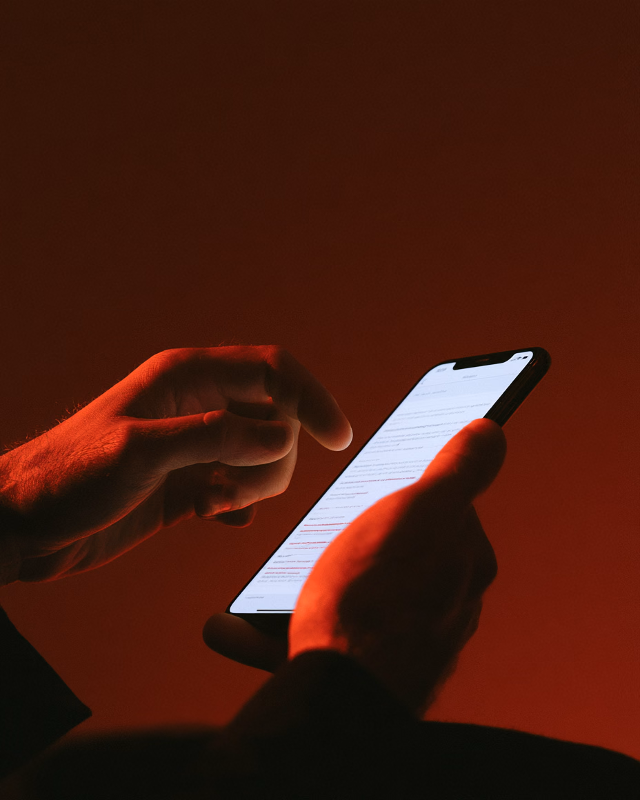Hands holding a phone, scrolling a list of events