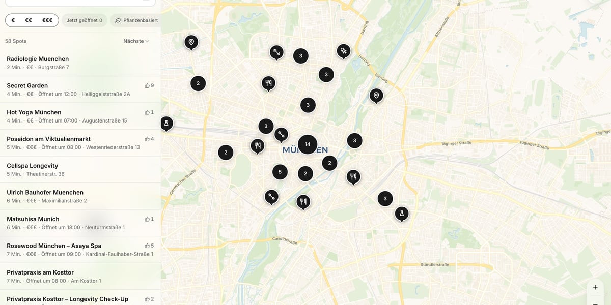 Die Longevity Map von München mit 58 eingetragenen Spots, links die Liste mit Adressen und Öffnungszeiten