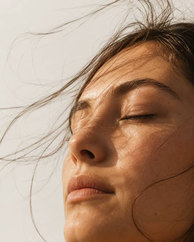 Frau mit geschlossenen Augen im warmen Sonnenlicht, die Haare im Wind, als Bild für Prävention und Longevity mit NOA Health